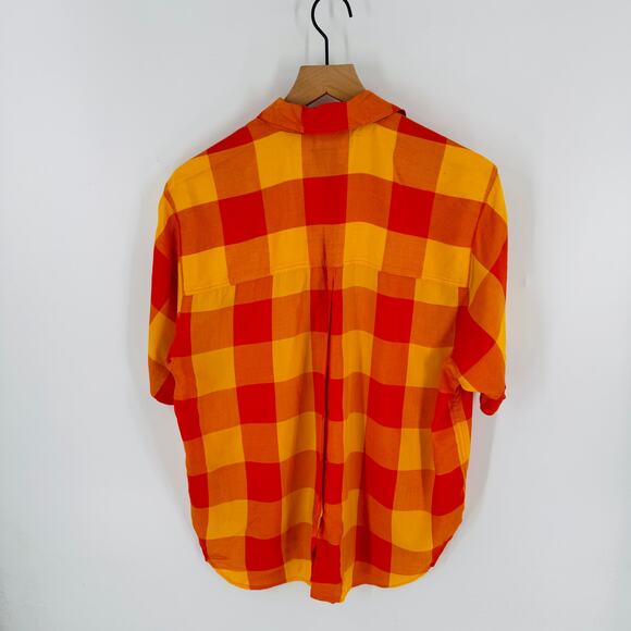 Vintage Liz Sport Rayon Button Down Orange Yellow Plaid Shirt Size Small Farm - Picture 2 of 6
